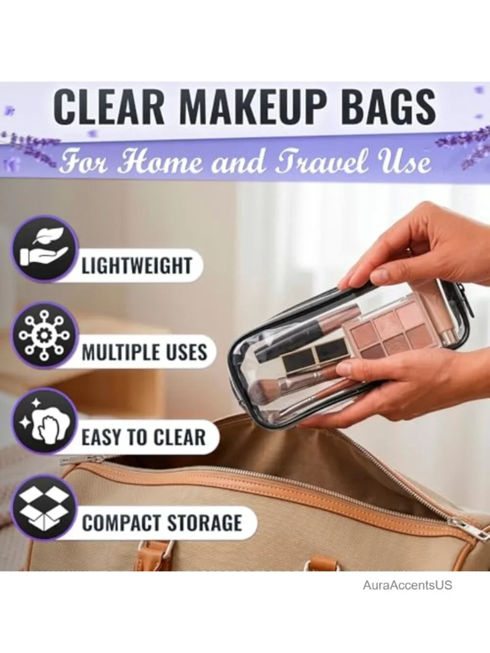 Clear PVC Cosmetic Bags - Waterproof Travel Makeup Pouch Set of 2